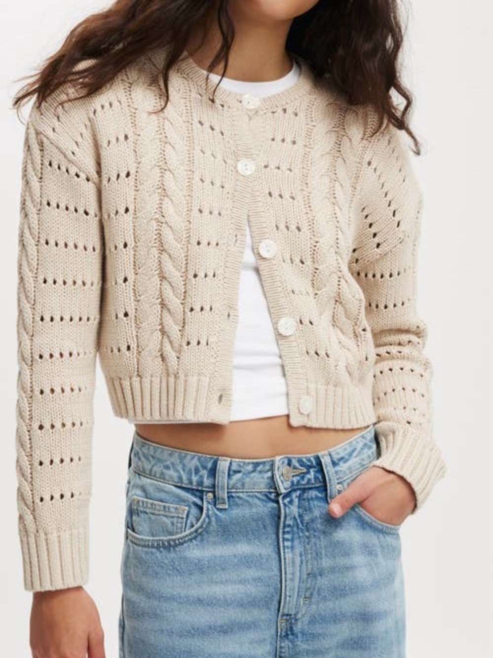 Cotton On Crew Neck Cardigan In Stone-neutral %100 Cotton